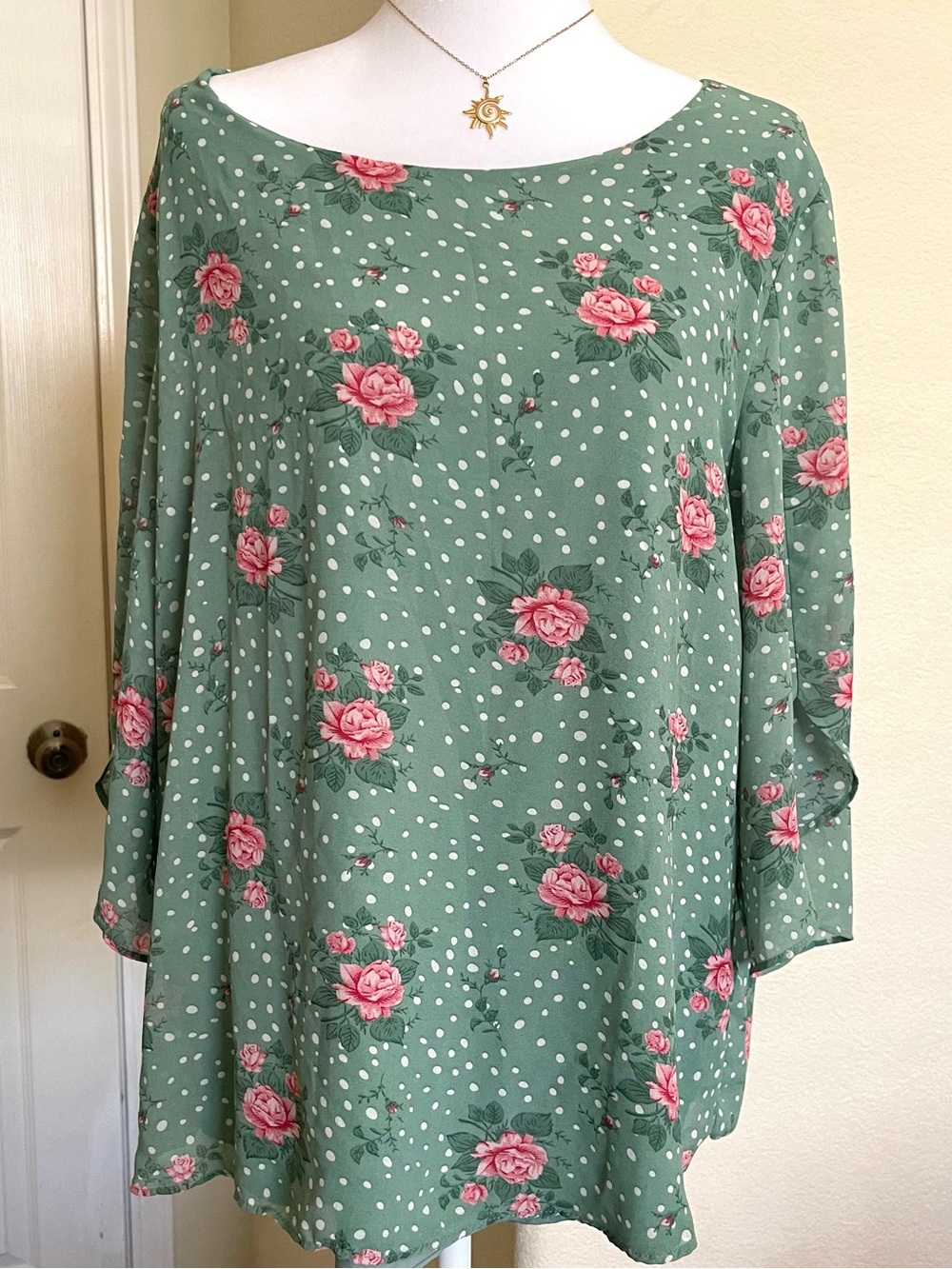 Women’s Sage Green Floral Polka Dot Boatneck Blouse
